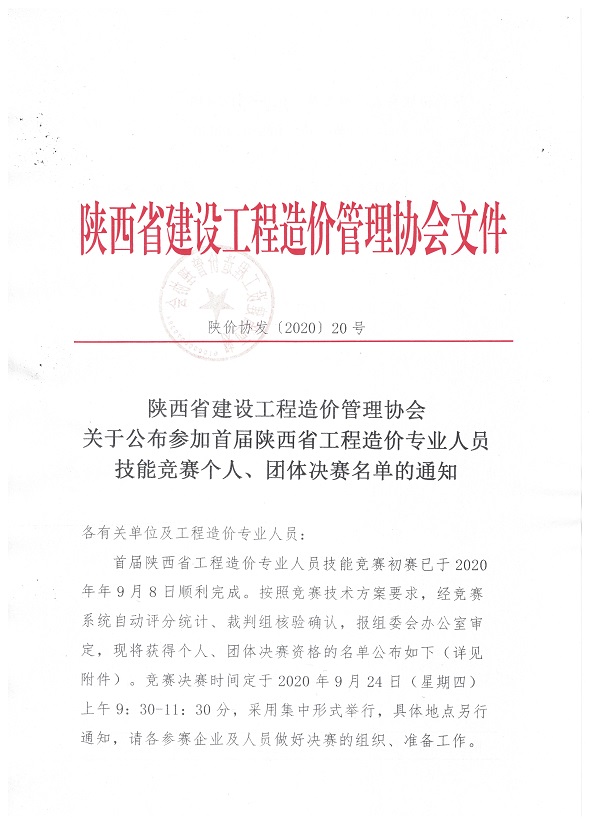 參加首屆陜西省工程造價專業人員技能競賽個人賽及團體賽決賽名單的通知 參加首屆陜西省工程造價專業人員技能競賽個人賽及團體賽決賽名單的通知
